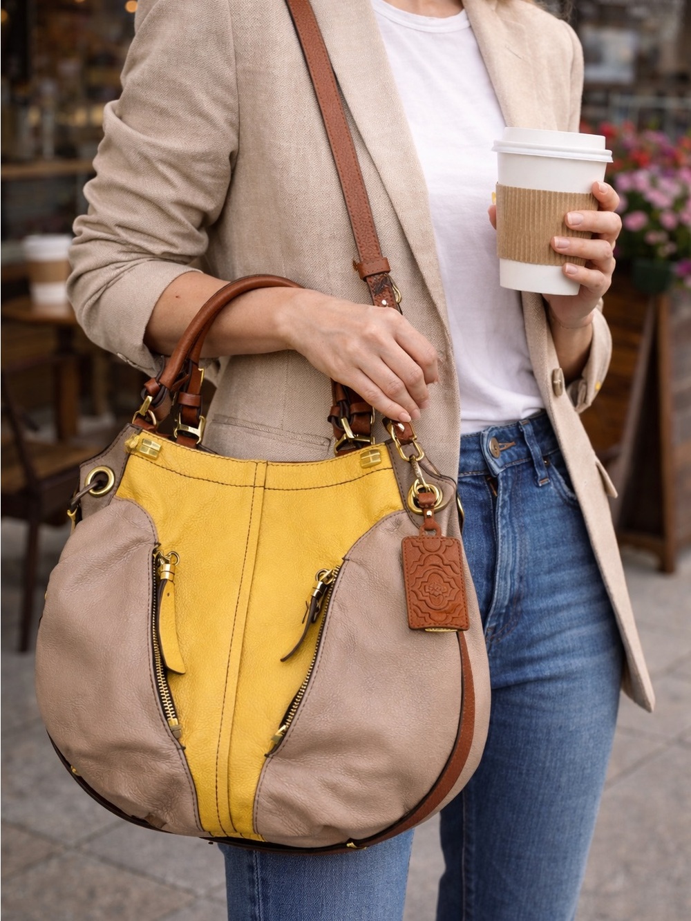 Oryany Colorblock Leather Handbag Designer Neutral Chic Tote Satchel